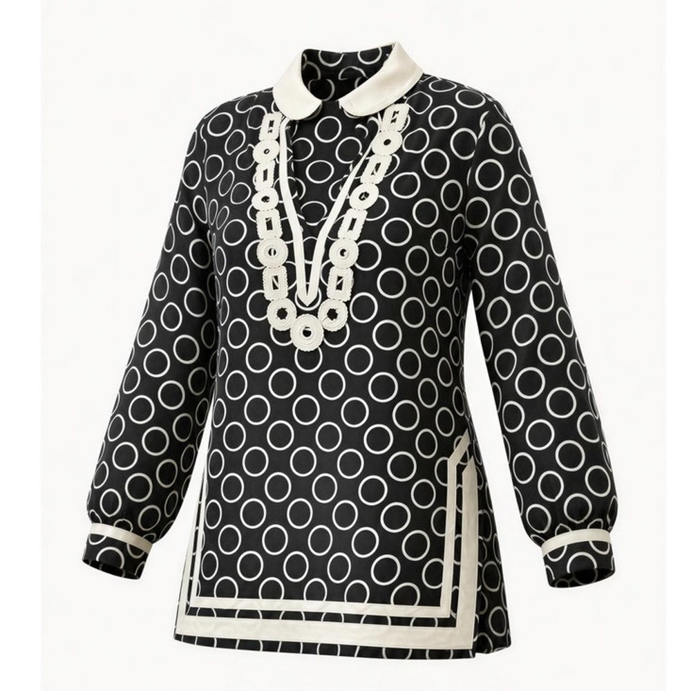 Michael Kors Tunic Top Womens Medium Black White Geometric‎ Circle Print V-Neck